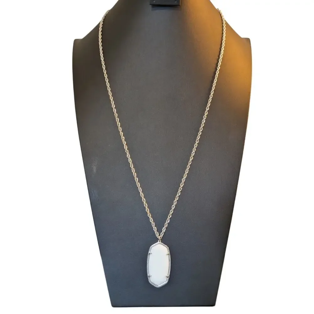 Kendra Scott Rae Milk Glass White Long Silver Plate Pendant RAE 32